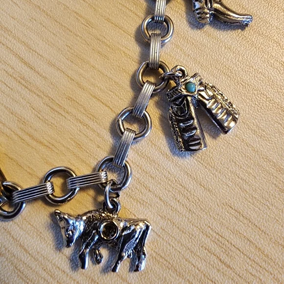 Wyoming Charm Bracelet Western Themed Nickel & Sterling Silver Charms Cowboy